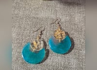 Crescent moon teal and gold resin dangle earrings 