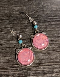 Image 1 of Pink kitty fluid art cabochon drop earrings 