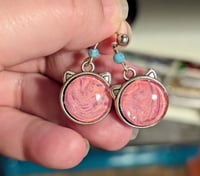 Image 2 of Pink kitty fluid art cabochon drop earrings 