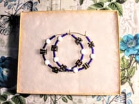 Image 7 of Black-Orange-Blue Multi, Royal Blue, and White Multicolor Beaded Medium Hoop Earrings