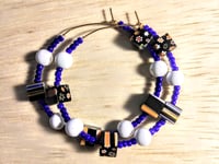 Image 1 of Black-Orange-Blue Multi, Royal Blue, and White Multicolor Beaded Medium Hoop Earrings