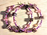 Image 1 of Brown-Orange-White Multi, Lavender, Pink, and Red Multicolor Beaded Large Hoop Earrings