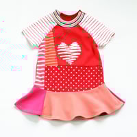 Image 1 of glitter puffy paint heart valentines day 3T courtneycourtney dress short sleeve red pink dots stripe