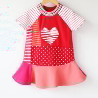 Image 3 of glitter puffy paint heart valentines day 3T courtneycourtney dress short sleeve red pink dots stripe