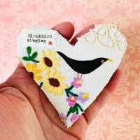 Image 3 of Brooch - vintage embroidered linen with painted Blackbird #2