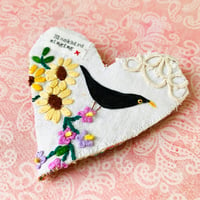 Image 4 of Brooch - vintage embroidered linen with painted Blackbird #2