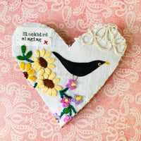 Image 1 of Brooch - vintage embroidered linen with painted Blackbird #2