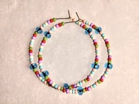 Image 8 of Sky Blue, Pink, White, and Lavender Multicolor Beaded Medium Hoop Earrings