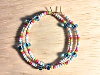 Image 1 of Sky Blue, Pink, White, and Lavender Multicolor Beaded Medium Hoop Earrings