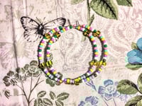 Image 9 of Lemon Yellow, Pink, Green, and Lavender Multicolor Beaded Medium Hoop Earrings
