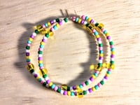Image 1 of Lemon Yellow, Pink, Green, and Lavender Multicolor Beaded Medium Hoop Earrings