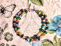 Image 9 of Forest Green, Pink, Blue, and Yellow Multicolor Beaded Medium Hoop Earrings