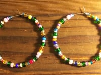 Image 3 of Forest Green, Pink, Blue, and Yellow Multicolor Beaded Medium Hoop Earrings