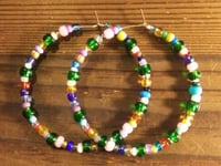 Image 4 of Forest Green, Pink, Blue, and Yellow Multicolor Beaded Medium Hoop Earrings