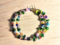 Image 1 of Forest Green, Pink, Blue, and Yellow Multicolor Beaded Medium Hoop Earrings