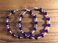Image 4 of Sapphire Blue, Pink, Yellow, and Ocean Blue Multicolor Beaded Medium Hoop Earrings