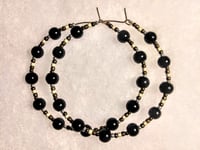Image 8 of Onyx Black, Olive Green, Silver, and Beige Multicolor Beaded Medium Hoop Earrings