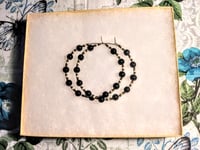 Image 7 of Onyx Black, Olive Green, Silver, and Beige Multicolor Beaded Medium Hoop Earrings