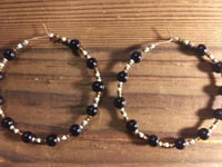 Image 3 of Onyx Black, Olive Green, Silver, and Beige Multicolor Beaded Medium Hoop Earrings