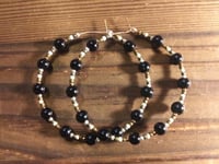 Image 4 of Onyx Black, Olive Green, Silver, and Beige Multicolor Beaded Medium Hoop Earrings