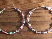 Image 3 of Duotone Pink & Green, Ocean Blue, and Pink Multicolor Beaded Medium Hoop Earrings