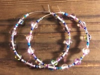 Image 4 of Duotone Pink & Green, Ocean Blue, and Pink Multicolor Beaded Medium Hoop Earrings