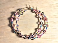 Image 1 of Duotone Pink & Green, Ocean Blue, and Pink Multicolor Beaded Medium Hoop Earrings