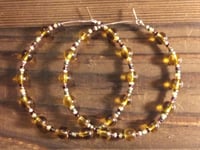 Image 4 of Honey Yellow, Amber, and Olive Green Multicolor Beaded Medium Hoop Earrings