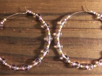 Image 3 of Clear Pink, Lemon Yellow, and Blue Multicolor Beaded Medium Hoop Earrings