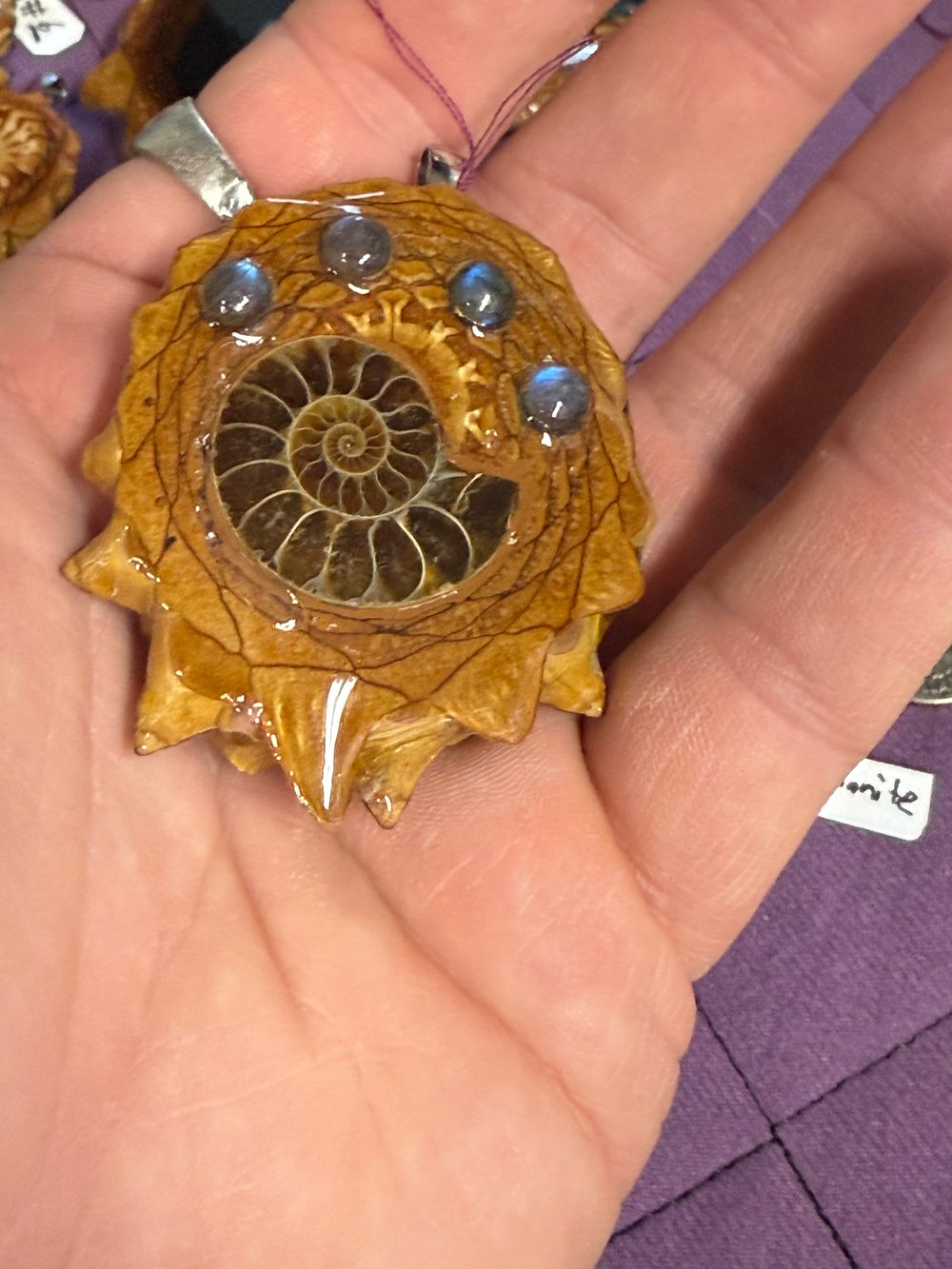 Image of Ammonite and Labradorite Pinecone Charm | Handmade PNW Jewelry | #17