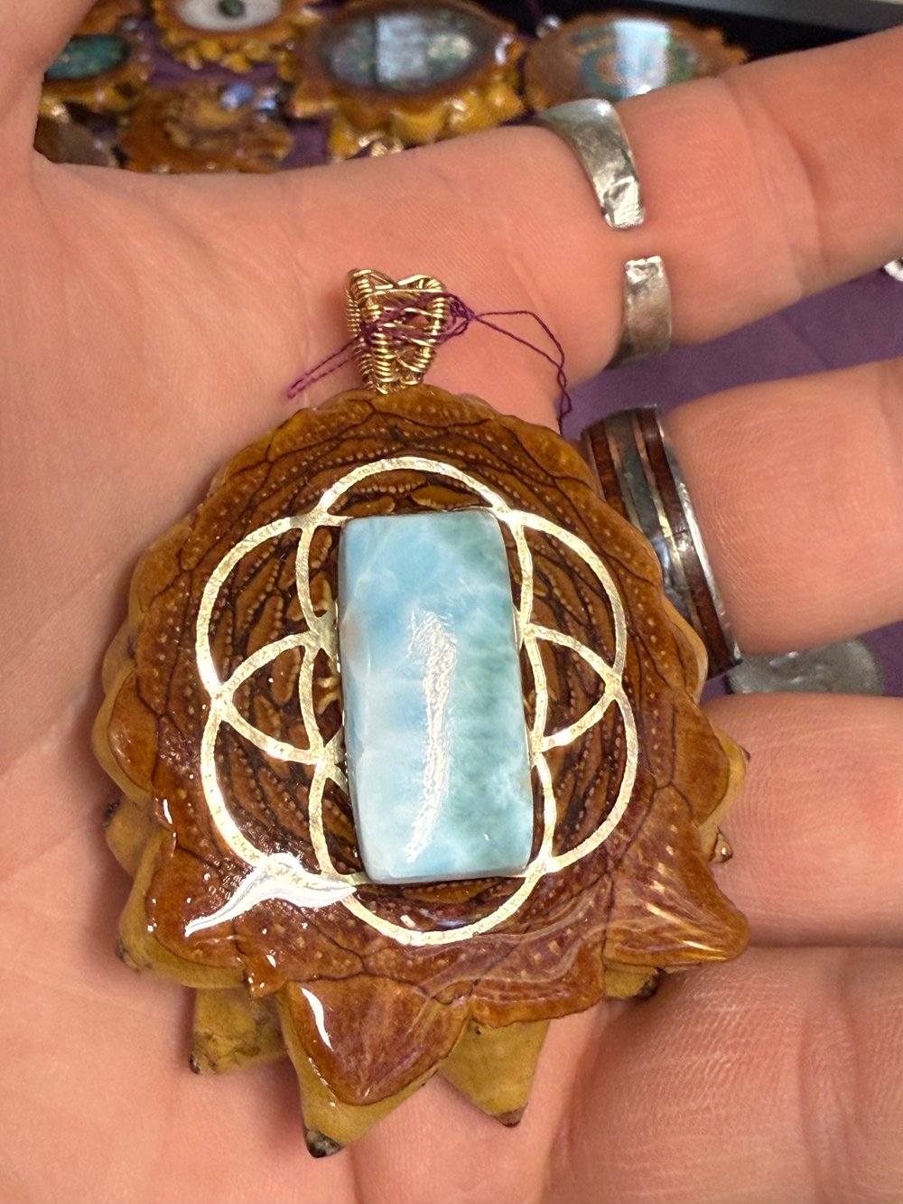 Image of Natural Larimar Seed of Life Pinecone Pendant #16