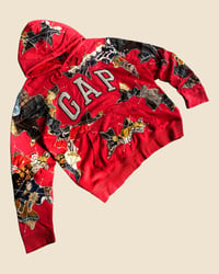 Image 3 of REWORKED GAP BATIK PATCHWORK RED HOODIE SIZE L