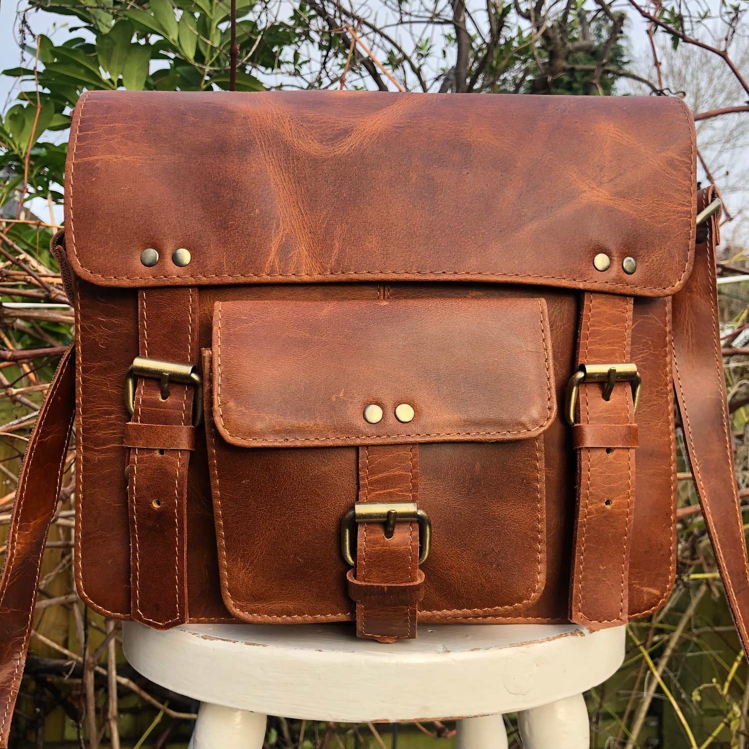 Image of 11”x9” - iPad-Size #3A - Buffalo ‘crunch’ Leather Satchel - Square + pocket