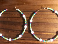 Image 3 of Delphinium White, Magenta, Orange, and Yellow Multicolor Beaded Large Hoop Earrings