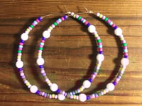 Image 4 of Delphinium White, Pink, Green, Blue Multicolor Beaded Large Hoop Earrings