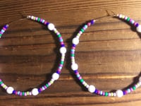 Image 3 of Delphinium White, Pink, Green, Blue Multicolor Beaded Large Hoop Earrings
