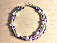 Image 1 of Delphinium White, Pink, Green, Blue Multicolor Beaded Large Hoop Earrings