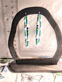 Image 5 of Delphinium White, Indigo Blue, Ocean Blue, and Green Multicolor Beaded Large Hoop Earrings