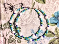 Image 9 of Delphinium White, Indigo Blue, Ocean Blue, and Green Multicolor Beaded Large Hoop Earrings
