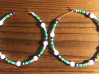 Image 3 of Delphinium White, Indigo Blue, Ocean Blue, and Green Multicolor Beaded Large Hoop Earrings