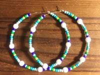 Image 4 of Delphinium White, Indigo Blue, Ocean Blue, and Green Multicolor Beaded Large Hoop Earrings