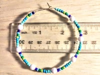 Image 2 of Delphinium White, Indigo Blue, Ocean Blue, and Green Multicolor Beaded Large Hoop Earrings