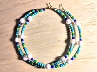 Image 1 of Delphinium White, Indigo Blue, Ocean Blue, and Green Multicolor Beaded Large Hoop Earrings