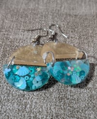 Image 1 of Teal and gold ocean inspired resin dangle earrings 