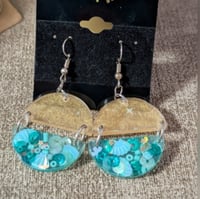 Image 2 of Teal and gold ocean inspired resin dangle earrings 