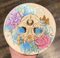 8” cat skull with floral and mushroom motif