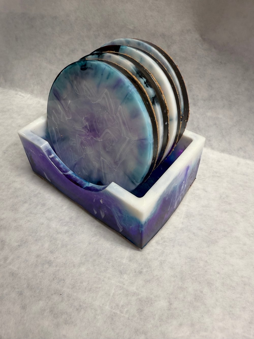 Image of Blue Milky Cloud Drink Coasters With Holder | Resin Art | Sacred Geometry | Drink Coasters