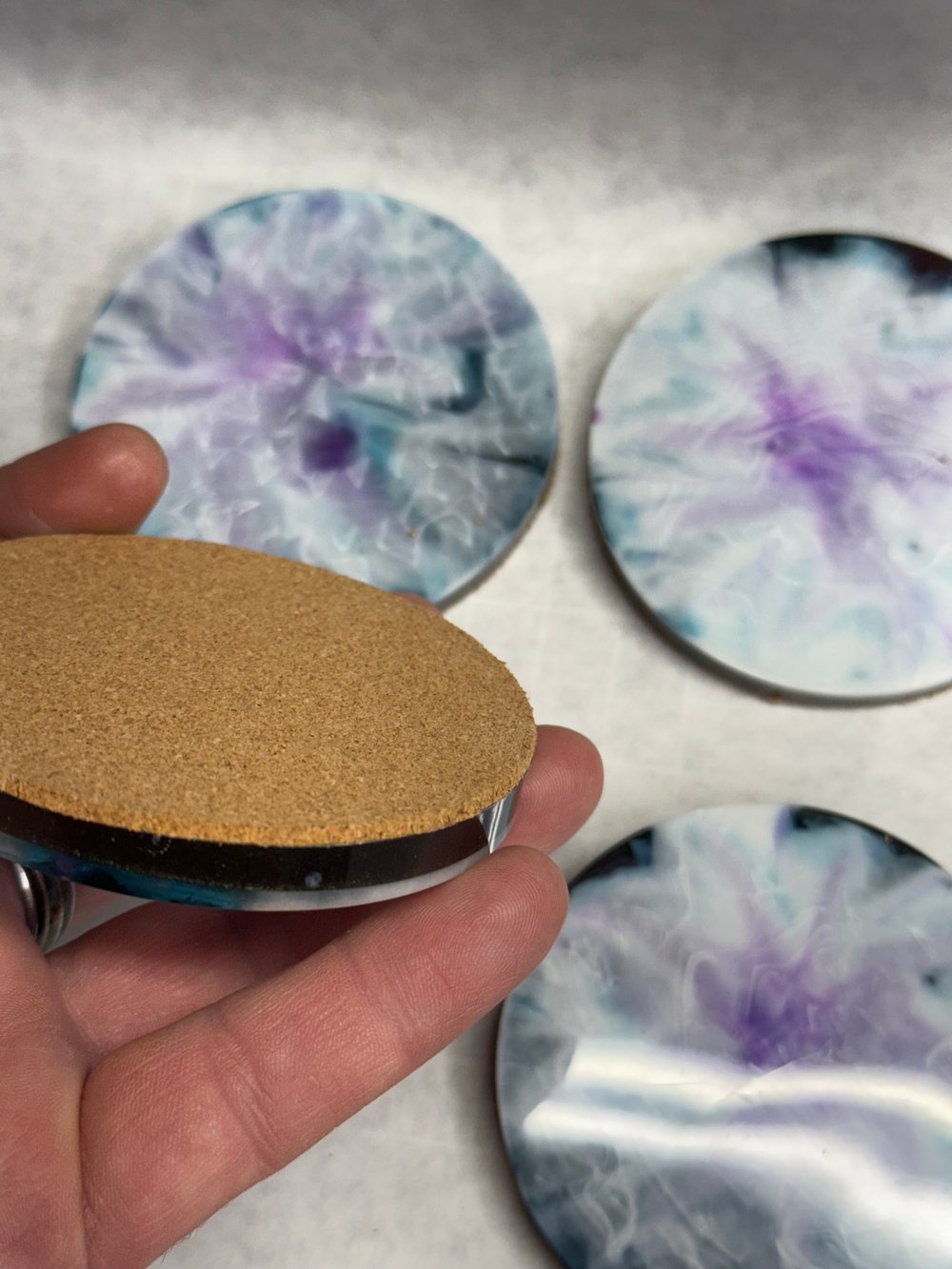 Image of Blue Milky Cloud Drink Coasters With Holder | Resin Art | Sacred Geometry | Drink Coasters