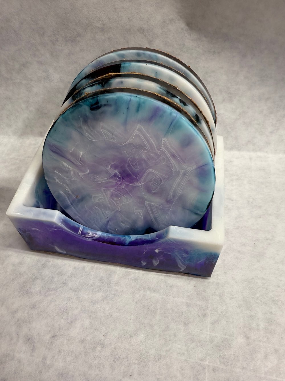 Image of Blue Milky Cloud Drink Coasters With Holder | Resin Art | Sacred Geometry | Drink Coasters