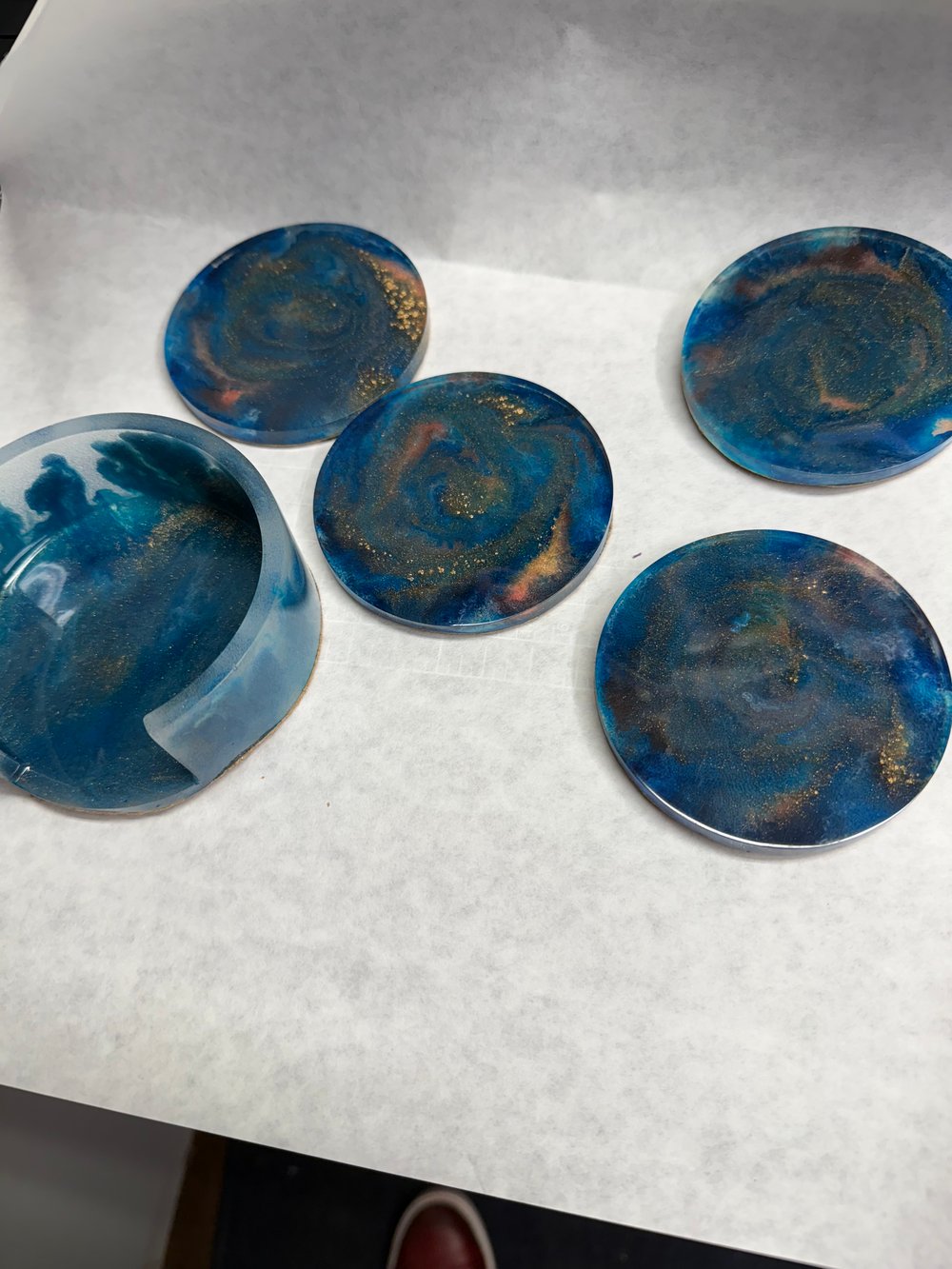 Image of Blue and Gold Drink Coasters With Holder | Resin Art | Sacred Geometry | Drink Coasters